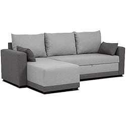 BUDWING Leah sofá Cama de 3 plazas, con Chaise Lounge Reversible - Asiento Izquierdo o Derecho, 2 Cojines incluidos, Tejido Color Gris, Dimensiones -140cm(Fondo) x233cm(Largo) x74,5cm(Alto)