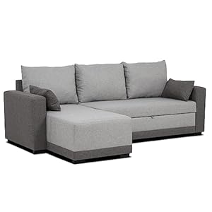 BUDWING Leah Sofá Cama Esquinero 3 Plazas – Chaise Longue Reversible y 2 Cojines Decorativos – Tapizado en Poliéster – Estilo Moderno – 233x124x69 cm – Gris Bicolor
