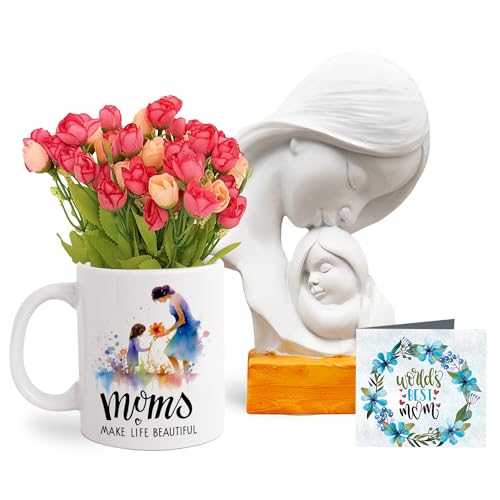 Image of TIED RIBBONS Gift for Mom, Birthday Gift for Mom Wife Women Mother in Law Mummy (Mother with Child Statue, Artificial Flower Bunch, Ceramic Coffee Mug & Greeting Card) Set
