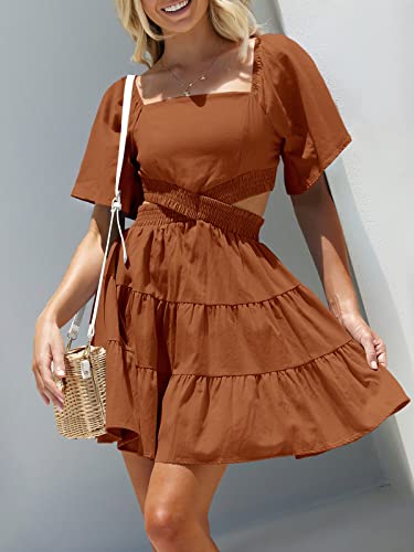 Anrabess Women 2023 Spring Dress Summer Casual Cutout Square Neck Short Sleeve A-Line Sexy Party Gradution Dress Cocktail Short Mini Dresses 925Jiaotang-M Caramel #TOP2