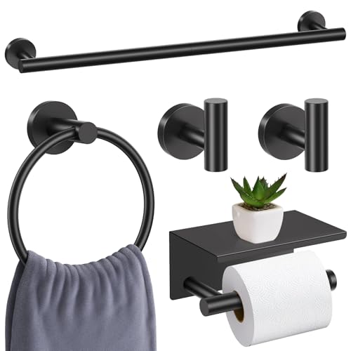 Matte Black Bathroom Hardware Set, 5 Pieces Black Towel Bar Bathroom Accessories Set, Upgraded Toilet Paper Holder with Shelf, 23.6 Inch Towel Rack Towel Holder for Bathroom Wall
