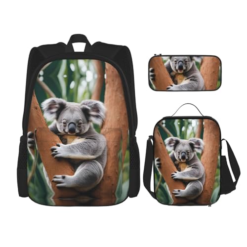 Hugging Tree Koala Print 3 Piece Set Backpack, Lunch Bag, Pencil Case, Cute Sturdy For College And Travel