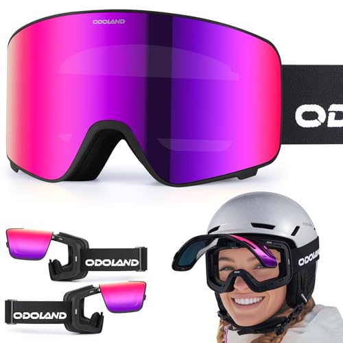 Odoland Flip Up Ski Goggles for Men Women, Anti-fog Magnetic OTG Flip-Up Snow Snowboard Goggles for Instant Defogging Black Frame Purple Lens