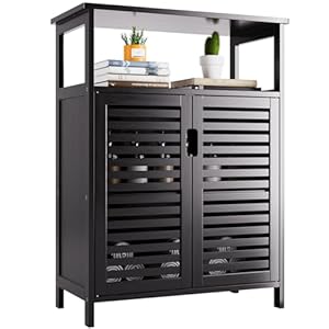 HITNET Badkamer Vloerkast, Vrijstaande Side Opbergkast, Kleine Keuken Pantry Kast Bamboe met 2 Deuren en Open Planchet, Zwart