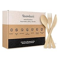 Ibambo 100% Bamboo Utensils Set - 100x Compostable Cutlery Set (50 Compostable Forks, 25 Disposable Spoons, 25 Biodegradable Knives) | Bamboo Silverware | FSC Certified for Weddings, Camping, Party