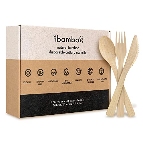 Ibambo Bamboo Cutlery Set - 100 Biodegradable Utensils (50 Forks, 25 Spoons, 25 Knives) | Reusable or Disposable Bamboo Flatware | Compostable Eco-Friendly Utensils for Weddings, Camping, Parties Ibambo Bamboo Cutlery Set - 100 Biodegradable Utensils (50 Forks, 25 Spoons, 25 Knives) | Reusable or Disposable Bamboo Flatware | Compostable Eco-Friendly Utensils for Weddings, Camping, Parties