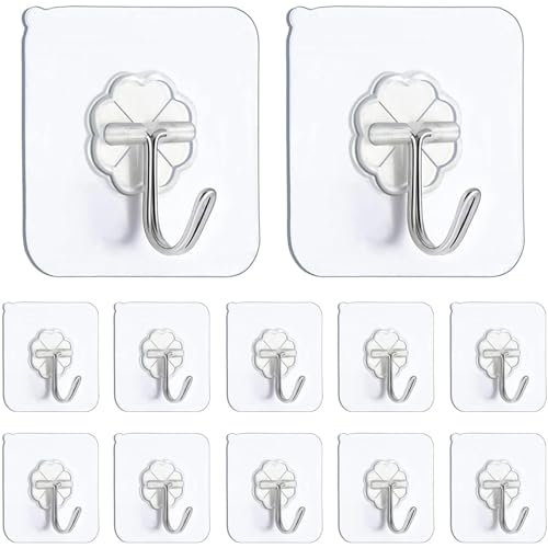 TRHDFW Self Adhesive Hooks,12 PCS Heavy Duty Door Wall Adhesive Hooks for Kitchen, Bathroom, Office, Closet, Hanging Coat Cloth Towel Key Decorations