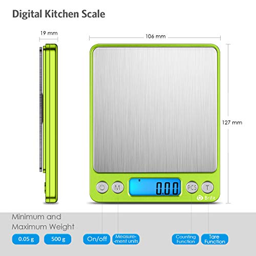 Image of AMIR Digital Kitchen Scale, 500g-0.01g Mini Pocket Jewelry Scale, Cooking Food Scale with Backlit LCD Display, 2 Trays, 6 Units, Auto Off, Tare, Stainless Steel (Battery Included)