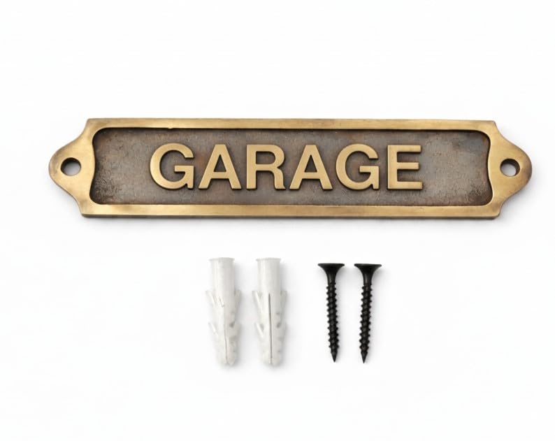 GARAGE Antique Effect Door Plaque Sign | Vintage Style Metal Garage Door Sign with Raised Lettering | Wall & Door Name Plate with Fixing Screws for Home & Outbuildings | 21.5 x 4.5 cm | GARAGE