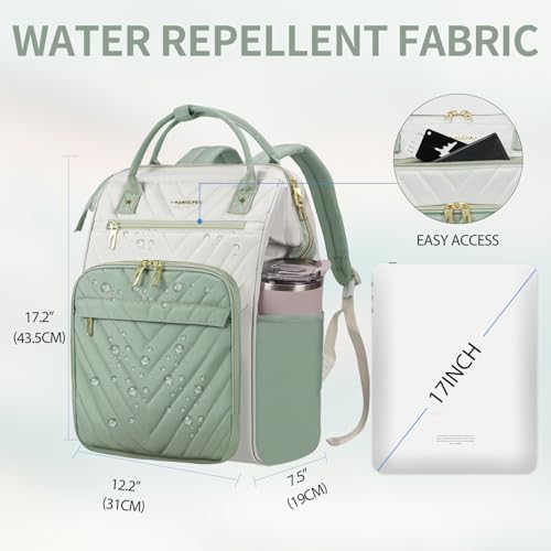 Image of VANKEAN 17 Inch Laptop Backpack for Women Fashion Computer Work Bag, Large Capacity Waterproof Backpack, College Daypack Business Travel(Beige-Light Green, 17.3 Inch)