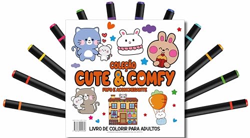 Cute & Comfy Coloring Book for Adults Edição 5 – Bold Easy – Livro de Colorir Adulto + 12 Canetas:
