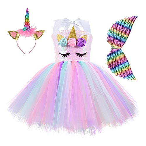 Unicorn Costume for Girls Sequin Rainbow Tutu Dress with Headband and Wing for Birthday Party 4T-8T