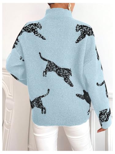 Image of WDIRARA Women's Leopard Tiger Print Sweater High Neck Long Sleeve Fuzzy Knitted Pullover Top