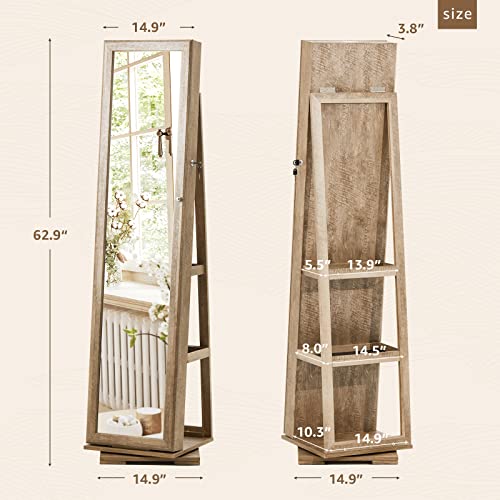 Serwall 360 Rotating Jewelry Stand Organizer - Jewelry Armoire With Full-Length Mirror- Freestanding Dressing Mirror Jewelry Cabinet Storage - Wood #TOP1