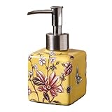 Handmade Ceramic Soap Dispenser for Bathroom Kitchen Shower Cubic Square Shaped Decorative Chinese Vintage Refillable Hand Lotion Pump Bottle for Liquid Soap Shampoo Lotions Yellow A