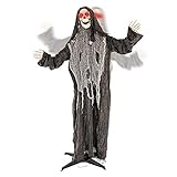 Halloween Haunters Animated Standing Life Size Scary Speaking Skeleton Black Reaper That Shakes, Moving Arms and Light-Up LED Eyes Prop Decoration - Speaks Phrases, Ghoulish Laughs - Battery Operated