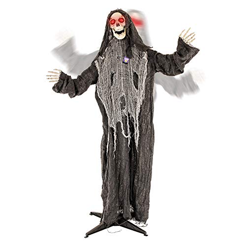 Halloween Haunters Animated Standing Life Size Scary Speaking Skeleton Black Reaper That Shakes, Moving Arms and Light-Up LED Eyes Prop Decoration - Speaks Phrases, Ghoulish Laughs - Battery Operated