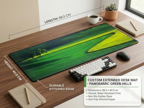 Image of Saco XXL Gaming Mouse Pad for PC - Large Desk Mat 900x400x3mm, Extended Non-Slip Rubber Base, Waterproof Surface, Green Valley Theme, Big Keyboard Mouse Pad for Office & Home Setups