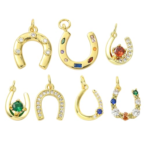 Stiesy Micro Pave Cubic Zirconia Horseshoe Charms Pendants, 7Pcs Brass Real 18K Gold Plated Western Lucky Charms Horse Shoe Pendants for Jewelry Necklace Bracelet Making