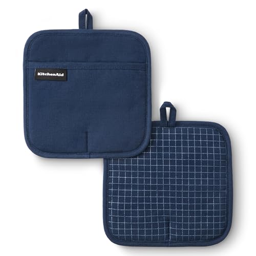KitchenAid - KITCHENAID Gourmet Series Gridlines Pot Holders 2-Pack Set, Heat Resistant up to 600°F, Soft Silicone Grip, Magnetic Cuff, Ink Blue, 8"x8"