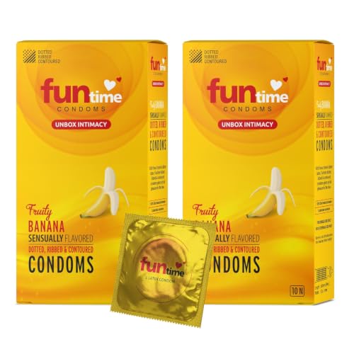 Image of Funtime Banana Flavoured comdoms Pack of 2 (10pc each) | Dotted Ribbed & Contoured Condoms for Maximum Pleasure | Made With Natural Rubber Latex | Lubricated Condoms for High Excitement & Satisfaction