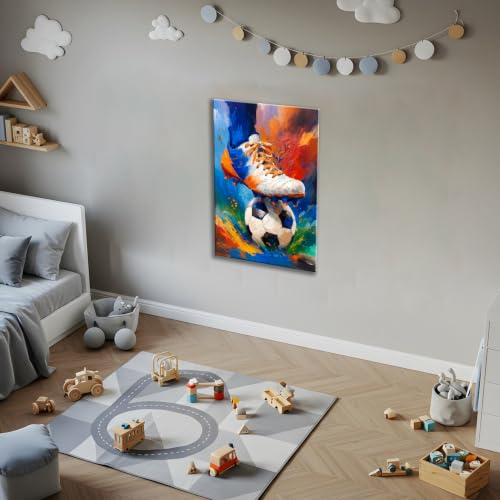 Image of Frimeeme Framed Soccer Canvas Decor & Wall Art, 12 inchX16 inchIn | for Modern Artwork Home Decor Bedroom Boys Room Teen Kids Playroom,Ready To Hang