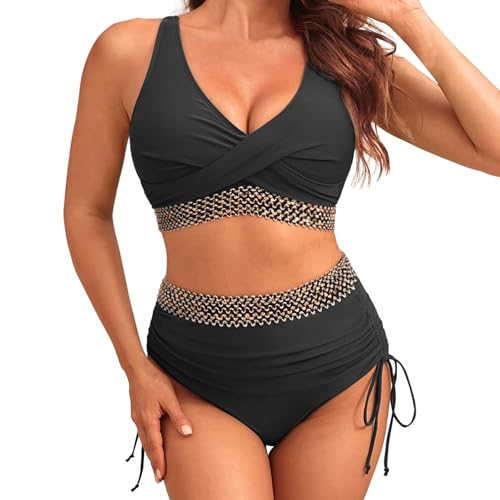 Generisch Conjunto de bikini alto de 2 piezas para mujer con cobertura completa, traje de baño 2025, tallas grandes 54, Negro , XXL