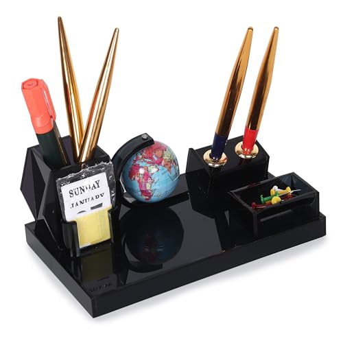 Image of Acrylic Pen Stand For Stylish Office Desk Organiser with Globe, Pen Holders, Multipurpose Stationery Desk Organizer Smoke Black Color Pack Of 1 (With Two Special Pen)