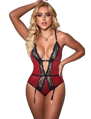 comeondear Lingerie de couro sintético, sem mangas, sexy, peça única, body plus size com corrente at