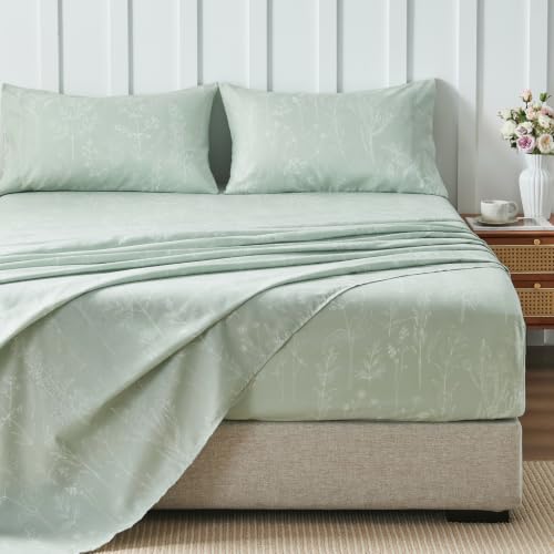 HYPREST Floral Queen Sheets, 18" Deep Pocket Sage Green Bed Sheets, 4pc
