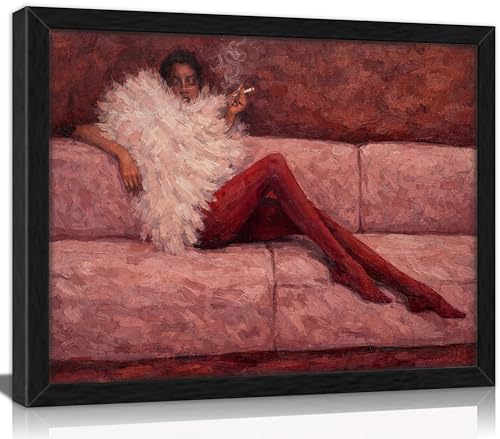 Framed Abstract Fashion Woman Canvas Wall Art, Cool Girl In Sofa Pink Ruby Print Wall Decor,Woman Sleeping Painting Handdrawn Mid Century Poster,TrendyTextured Oil for Living Room Bedroom