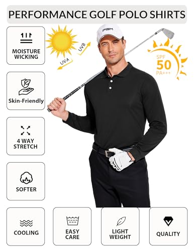 PINSPARK Męska koszulka polo z długim rękawem do golfa, UPF 50+, ochrona przed słońcem, szybkoschnąca, koszulka polo do tenisa, na jesień, oddychająca fitness koszulka polo basic, na czas wolny