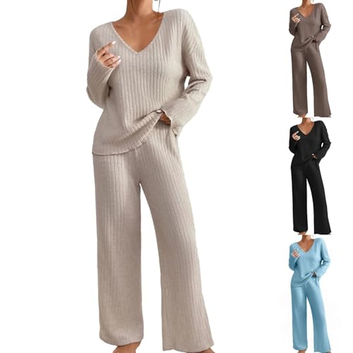 Womens Pyjamas Set Nightwear, Ladies Ribbed 2 Piece Outfits Loungewear Sets Leisure Suits Homewear V Neck Long Sleeve Jumpers and Wide Leg Trousers with Pockets Beige