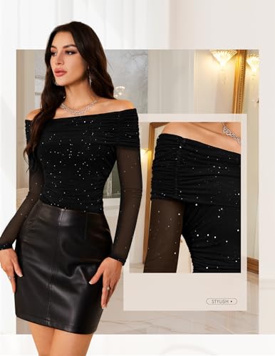BeryLove Sequin Off Shoulder Mesh Top for Women Going Out Fall Long Sleeve Shirt4