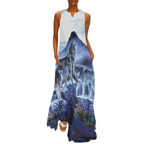 Wolfs Wild Animal Women's Maxi Dress Summer Sleeveless Casual Long Dresses with Pockets