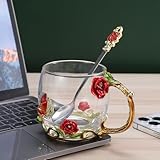 JY-Danbady Enamels Lead-free Glass Coffee Mugs Tea Cup with Steel Spoon, Flower Tea Cup Gifts for Her Mum Teacher Friend Handmade Glass Coffee Mugs Valentines Christmas Birthday Mothers Day