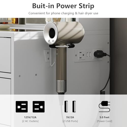 Yanosaku Vanity Desk with Power Outlet, 47'' W Makeup Vanity with Mirror and 12 LED Lights, 11 Drawers & 4 Shelves, 3 Color Lighting Modes, Fold-up Panel, Glass Top Vanity Set for Bedroom