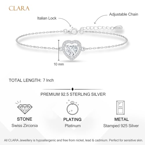 Image of Clara 925 Sterling Silver Zilvia Heart Solitaire Pendant Earrings Chain Ring Bracelet Jewellery Set | Platinum Plated, Swiss Zirconia |Gift for Women and Girls
