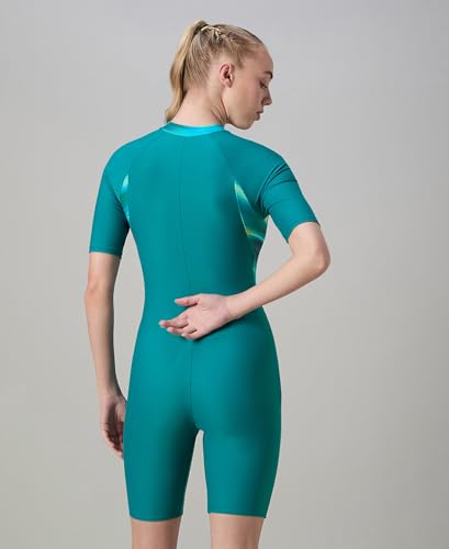 Image of Speedo Women's Endurance10 Essential Splice Print Closedback Kneesuit Swimming Costume Swimwear | Chlorine Resistant | Shape Retention Fabric | UPF 40+ Sun Protection | Removable Bra Pads