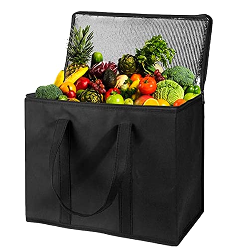 Insulated Reusable Shopping Bags, Food delivery Bags with Sturdy Zippers, Grocery Bag for Groceries Hot and Cold Food Durable, Heavy Duty, Large Size, Stands Upright, Collapsible (2 Pack, Black)