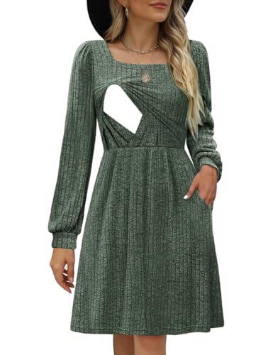 Image of CzzzyL Womens Nursing Fall Dresses Square Neck Long Sleeve Winter Knit Sweater Dress 2024 with Pockets