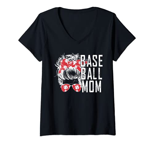 Donna Messy Hair Bun Baseball Mom Maglietta con Collo a V