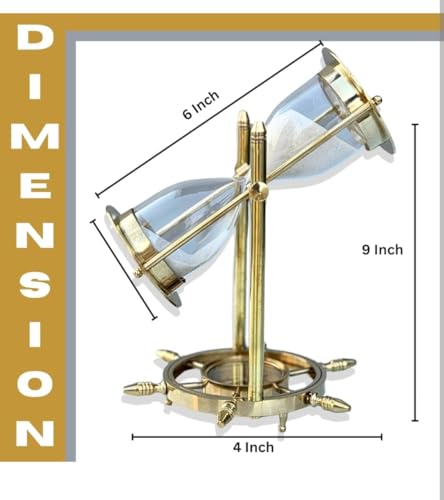 Image of Antique Handmade Brass Sand Timer Gold Brass Finish Nautical Sand Timer with Wheel Compass Base for Gifted Home & Office Desk Decor (Time 4-5 min) Height 8 Inch