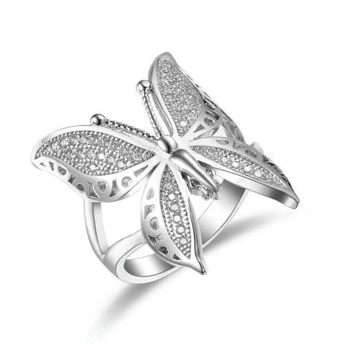 Bonito anillo abierto de plata de ley 925 con circonita y mariposa grande para mujer, anillo de boda simple de amor, compromiso, anillo de plata de ley, ajustable