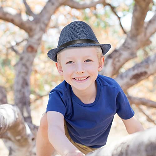 Ultrafun 4 Pack Kids Fedora Hat Short Brim Straw Trilby Jazz Hat Summer Sun Beach Cap For Boys Girls 5-10 Years (Black+White+Khaki+Navy) #TOP4