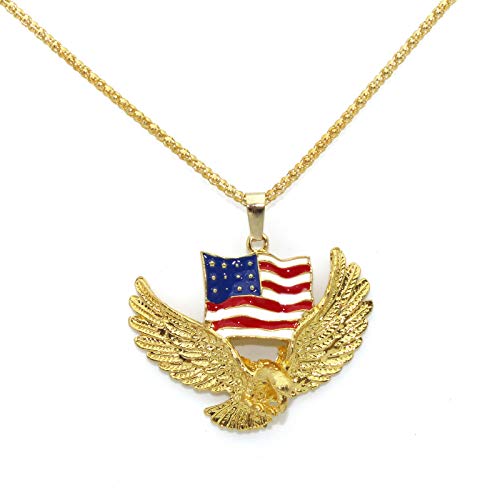 Flying Bald Eagle Pendant Necklace For Men, American Flag Necklace With 23.6” Chain, Vintage Hawk Eagle Pendant, Silver Metal Alloy Chain, Viking Animal Necklace Jewelry Gift For Men Boys (Gold) #TOP15
