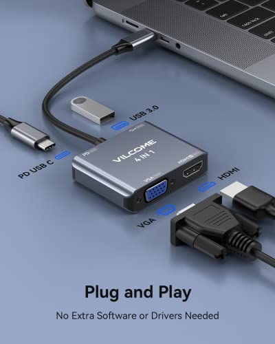 Usb C To Vga Adapter Multiport, Vilcome Usb Type C To Hdmi Adapter, 4 In 1 Usb C Hub Converter, Thunderbolt 3 To Hdmi 4K, Vga 1080P, Usb 3.0, 100W Pd Port For Macbook Ipad Pro/Air Dell Xps #TOP2