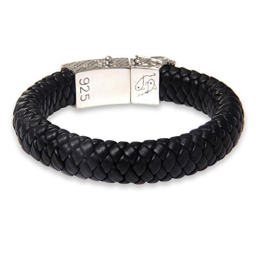 Novica Handmade Men's Sterling Silver Leather Braided Bracelet Wristband Indonesia [8.75 In L X 0.7 In W] ' Emperor' #TOP2