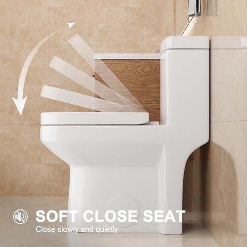 HOROW HWMT-8733 Small Compact One Piece Toilet For Bathroom, Powerful & Quiet Dual Flush Modern Toilet, 12'' Rough-In Toilet & Soft Closing Seat Include, 25"D x 13.4"W x 28.4"H, White