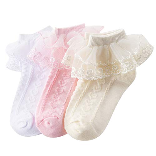 DoMii Toddler Girls Lace Ruffle Frilly Ankle Socks Comfortable Cotton Socks 3-Pack